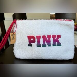 PINK Victoria's Secret White and Red Sherpa make up Bag
